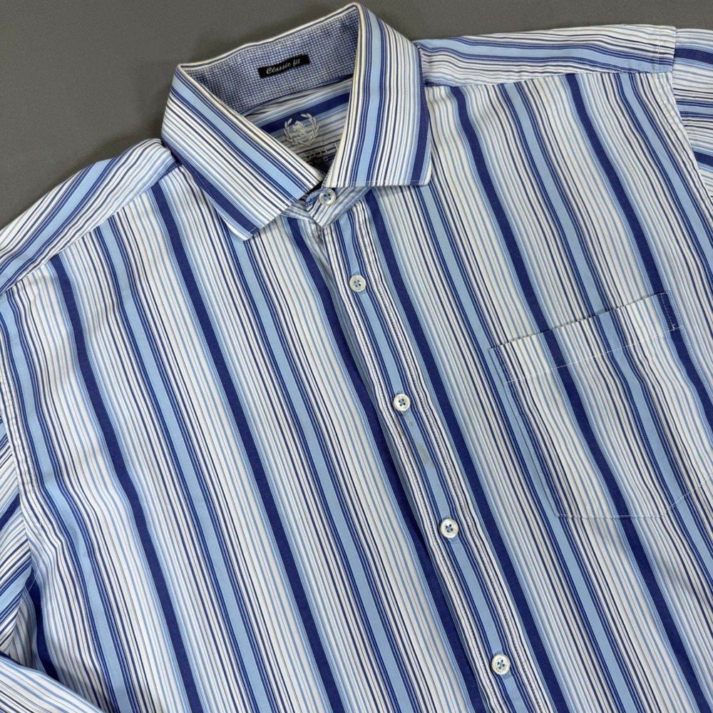 Bugatchi Uomo Shirt Mens Blue Stripe Classic Fit Cotton Flip Cuff No Size Tag